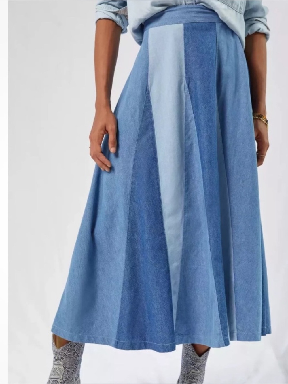 Love the Label Patchwork Blue Jean Maxi Skirt